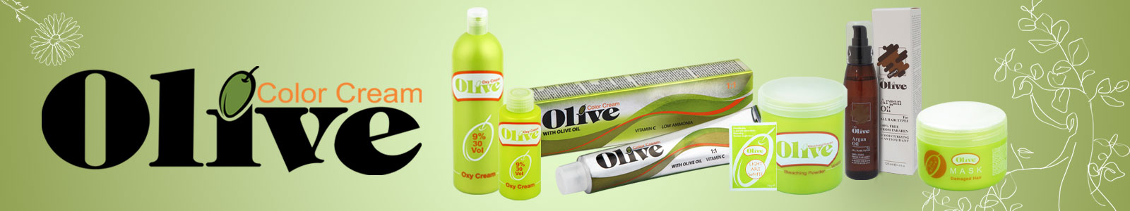 محصولات برند olive شامل رنگ مو,اکسیدان,پودر دکلره,مراقبتی مو